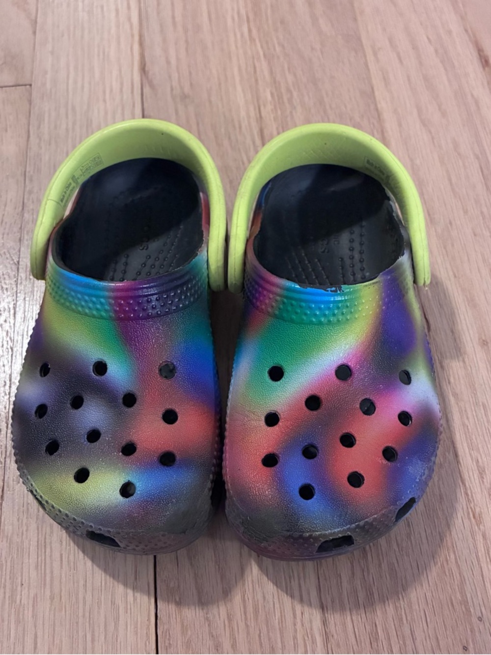 Kids Rainbow Tie-Dye Crocs with Lime Strap